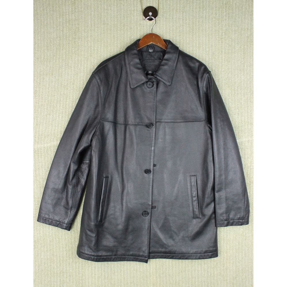 Vintage 90s Mens Black Genuine Leather Car Coat Grunge Sleek Minimalist Large
